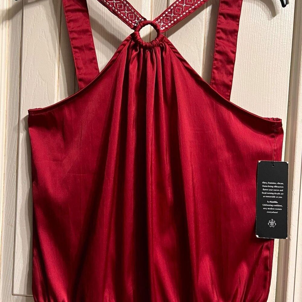 La Rambla womens red satin blouse Large NWT halter racerback